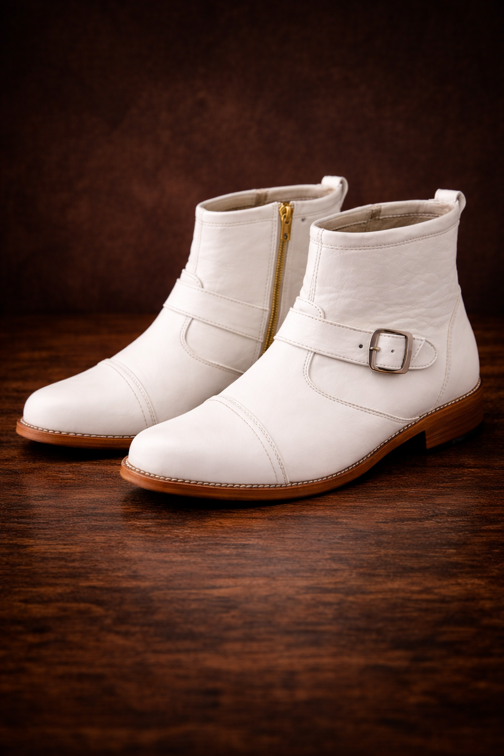 MKauR Premium White Leather Ankle Boots for Men | Monk Strap Zip Formal Boots