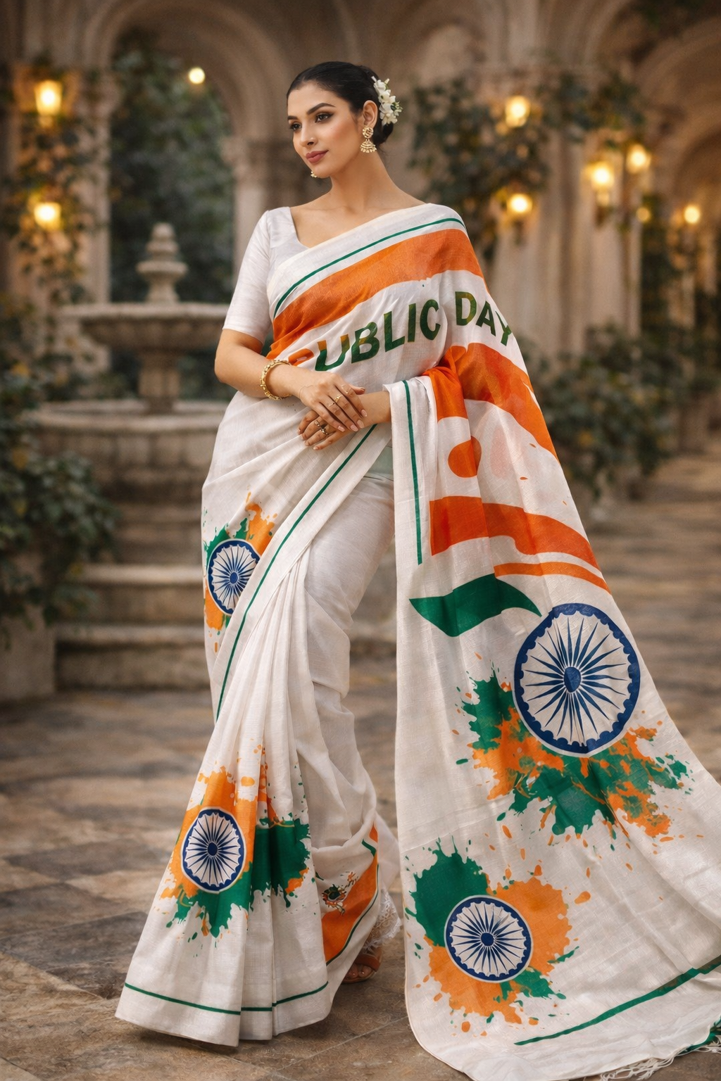 Soft Shinon Tiranga Print Saree With Running Blouse | Republic Day Special