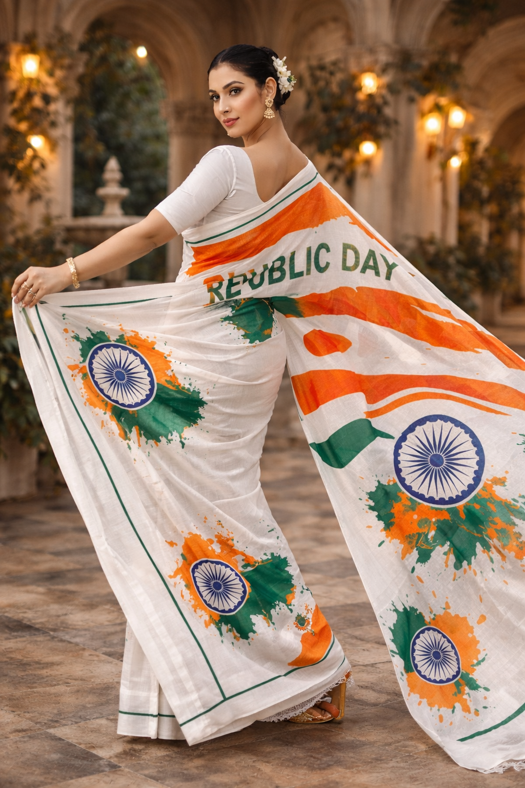 Soft Shinon Tiranga Print Saree With Running Blouse | Republic Day Special