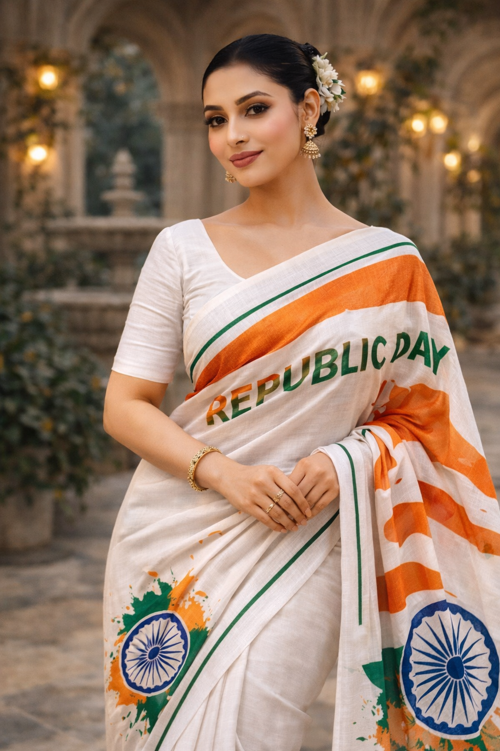 Soft Shinon Tiranga Print Saree With Running Blouse | Republic Day Special