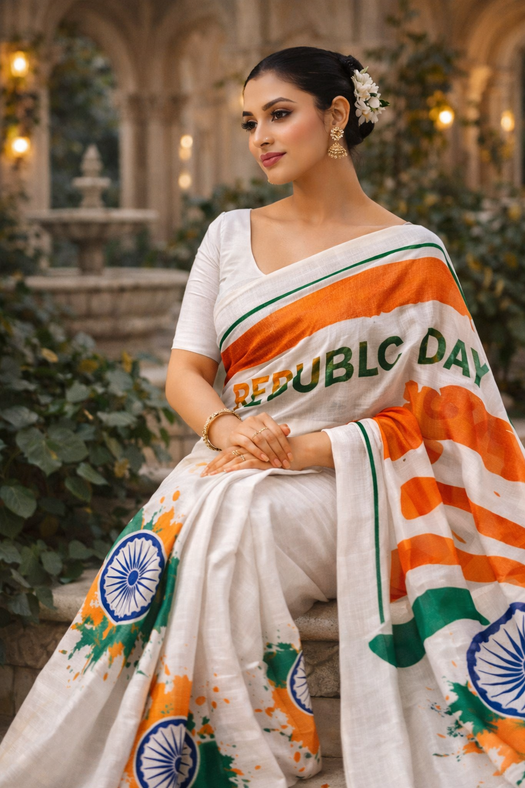 Soft Shinon Tiranga Print Saree With Running Blouse | Republic Day Special