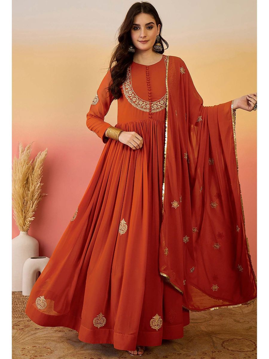 Designer Faux Georgette Gown With Embroidery & Dupatta