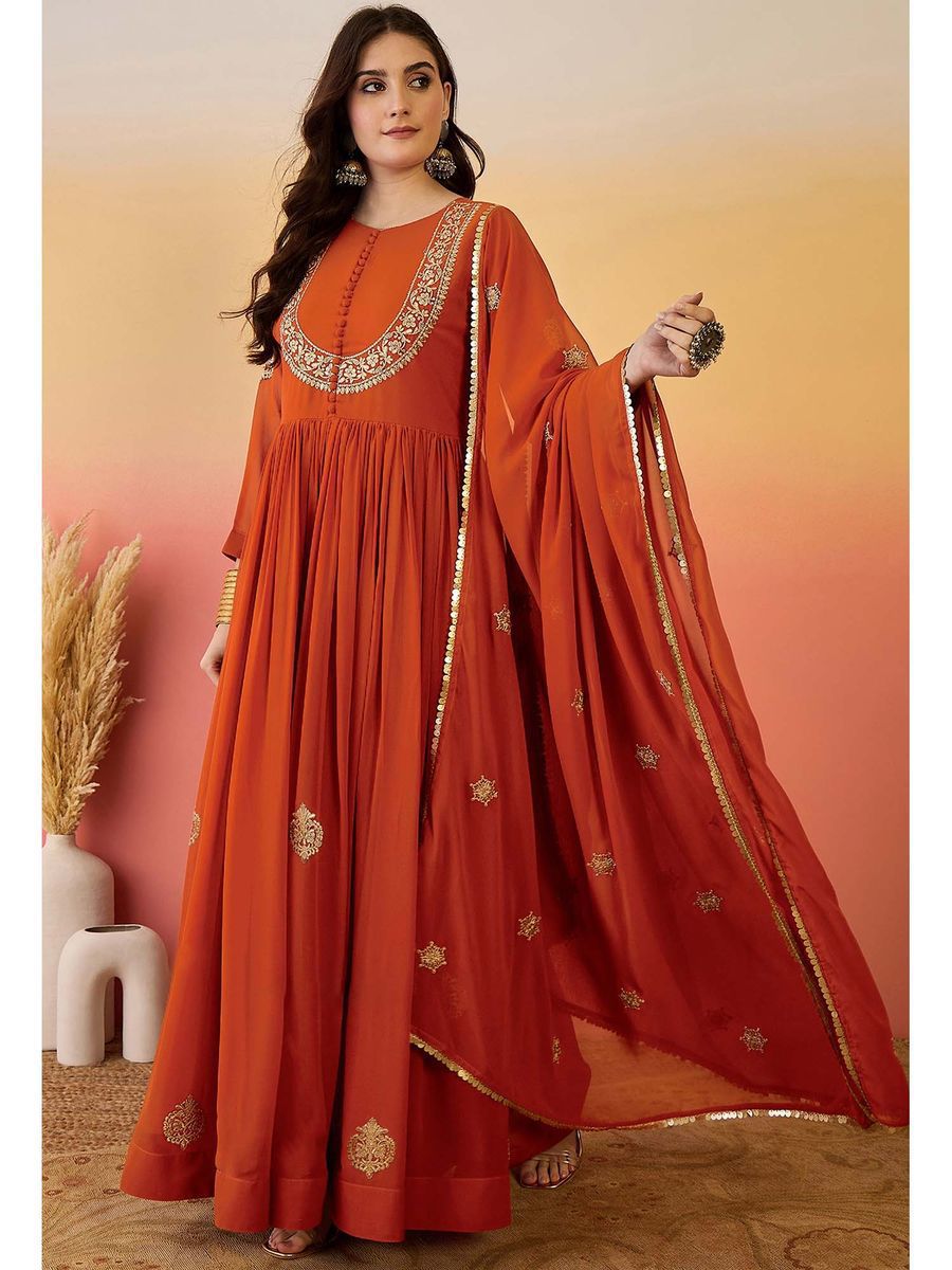 Designer Faux Georgette Gown With Embroidery & Dupatta