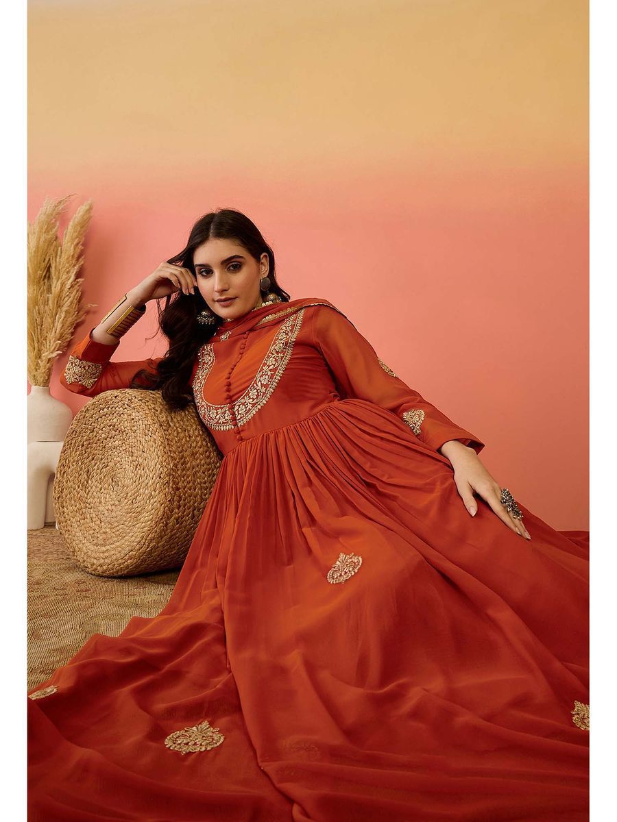 Designer Faux Georgette Gown With Embroidery & Dupatta