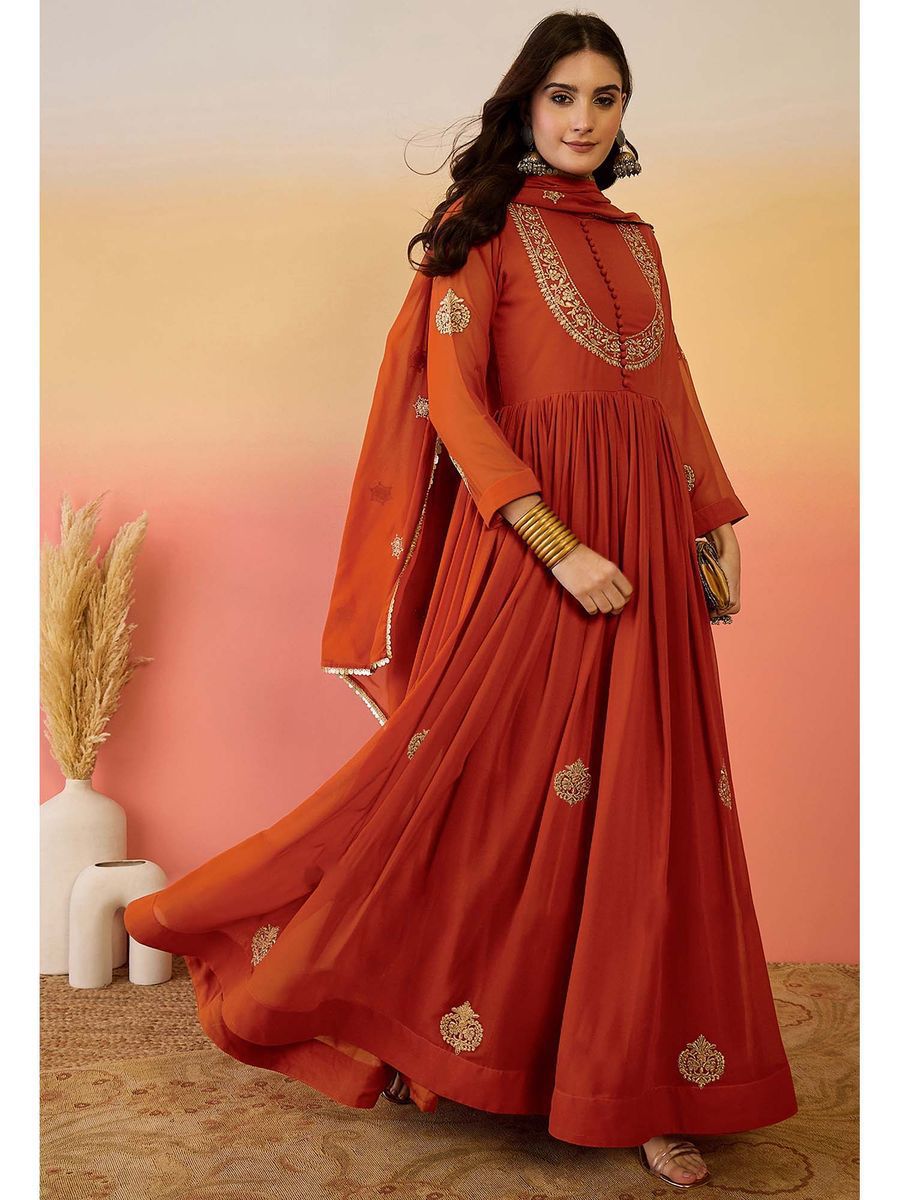 Designer Faux Georgette Gown With Embroidery & Dupatta