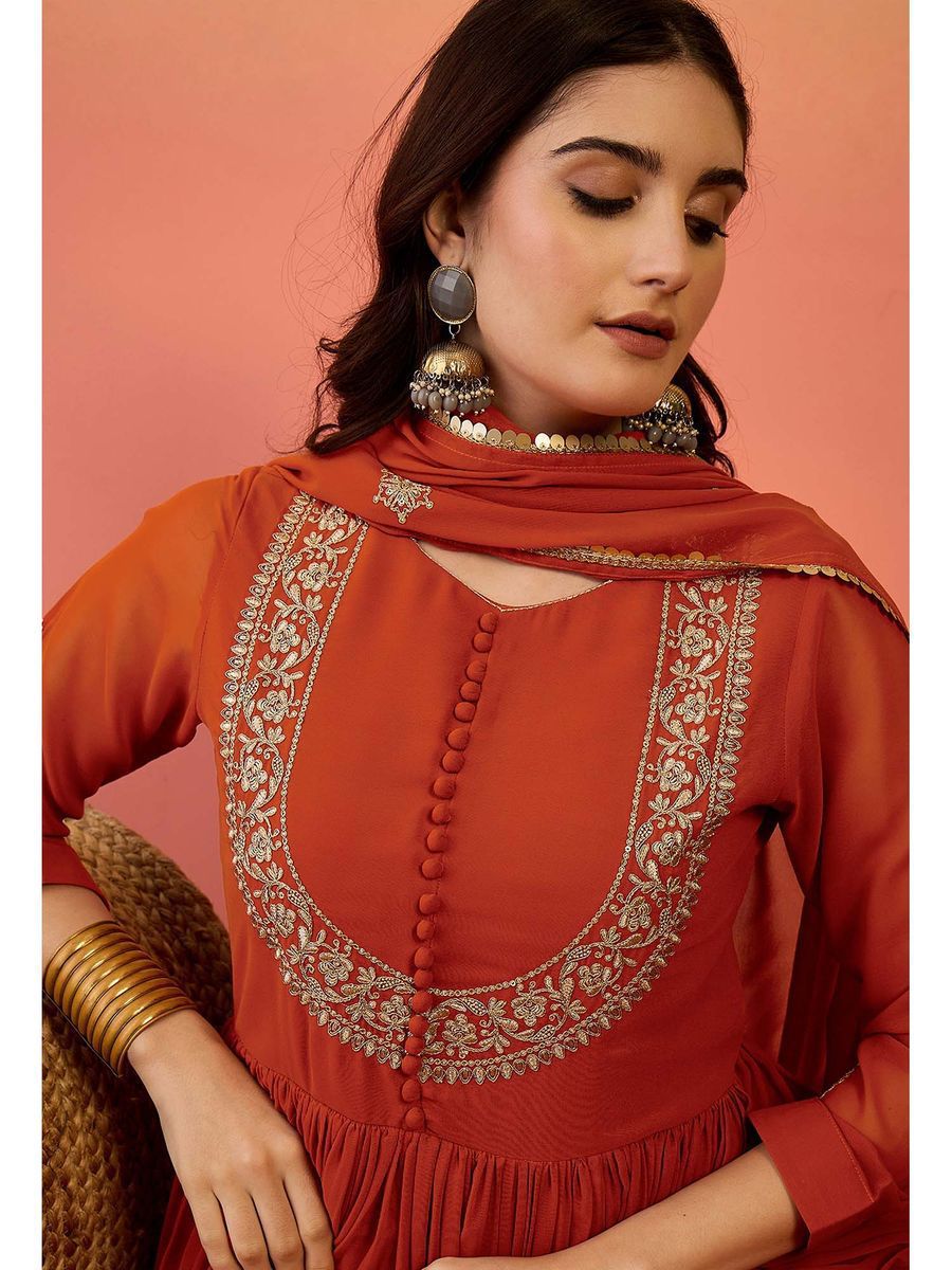 Designer Faux Georgette Gown With Embroidery & Dupatta