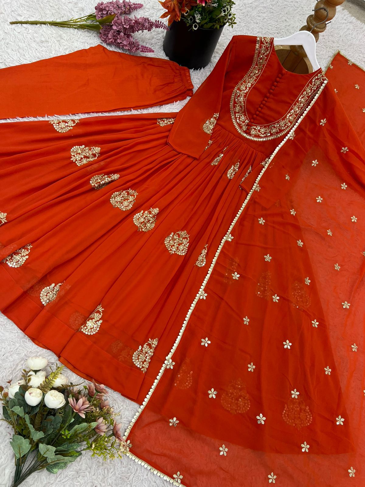 Designer Faux Georgette Gown With Embroidery & Dupatta