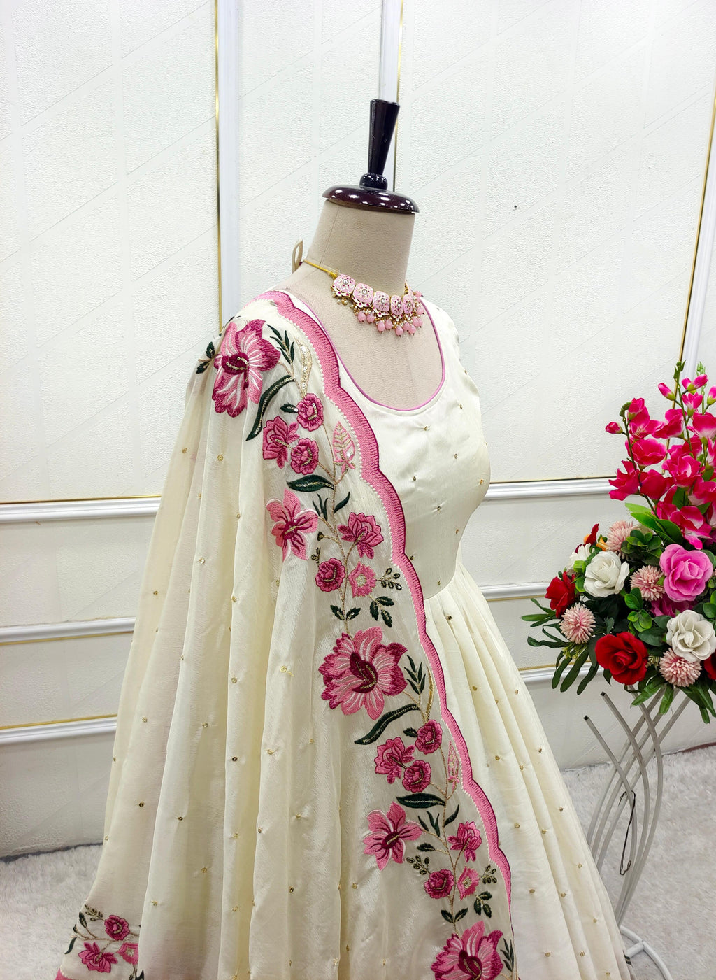 Heavy Pure Cinon Silk Gown–Pant–Dupatta Set With 5mm Sequin Embroidery (Fully Stitched)