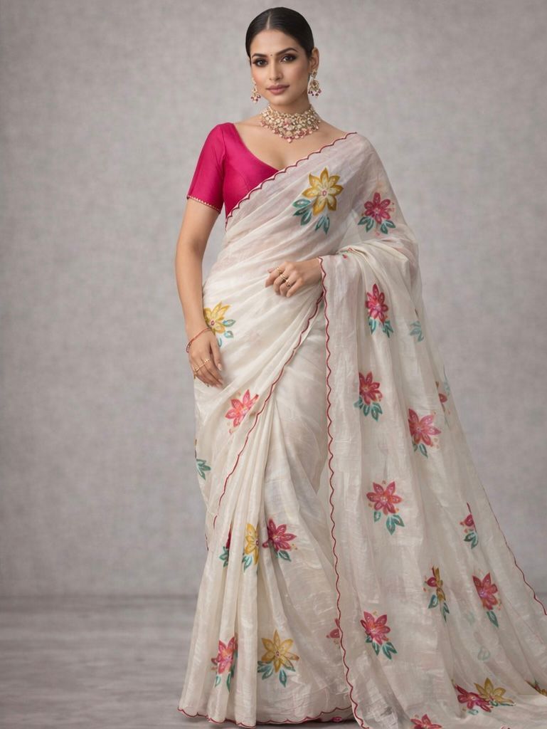 Crush Off-White Pure Fabric Saree With Hand Flower Prints & 3D Cutdana Work