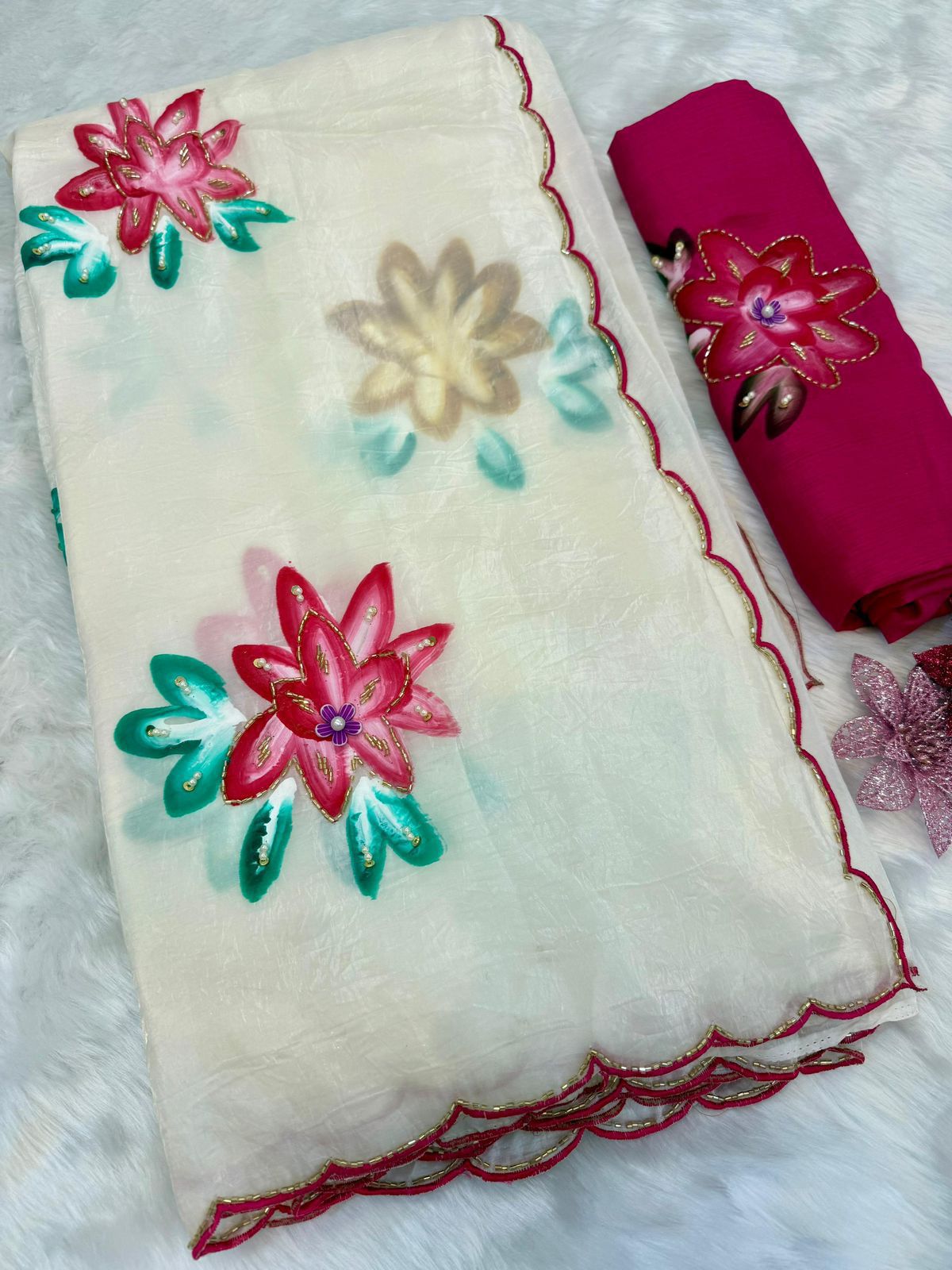 Crush Off-White Pure Fabric Saree With Hand Flower Prints & 3D Cutdana Work