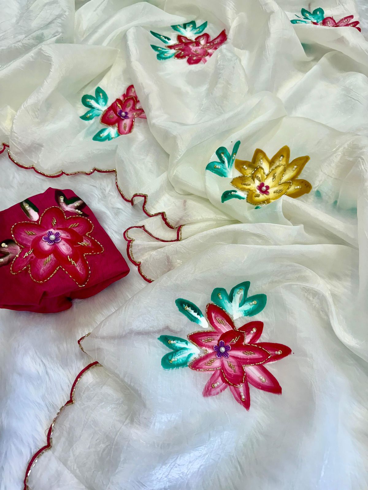 Crush Off-White Pure Fabric Saree With Hand Flower Prints & 3D Cutdana Work