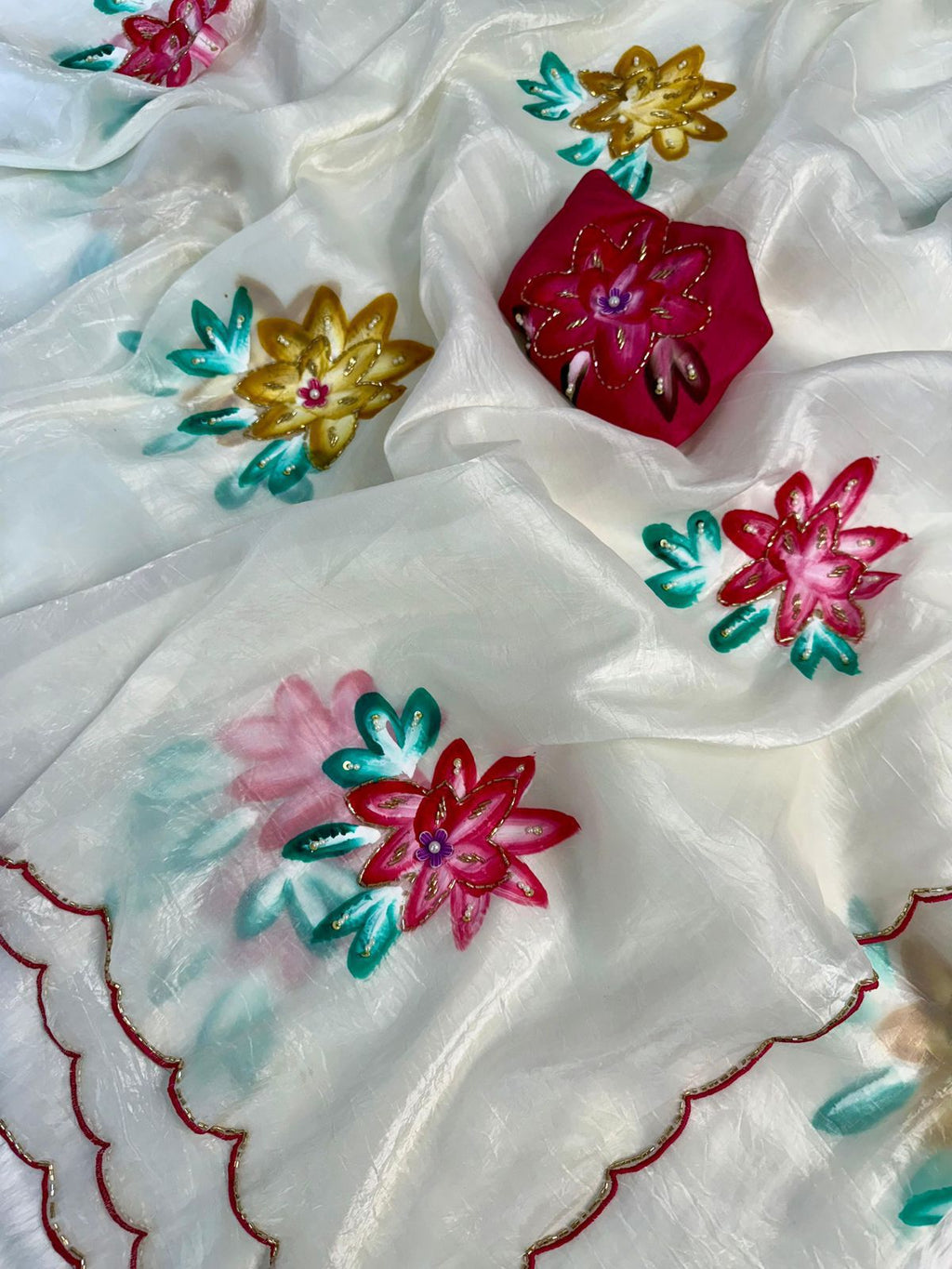 Crush Off-White Pure Fabric Saree With Hand Flower Prints & 3D Cutdana Work