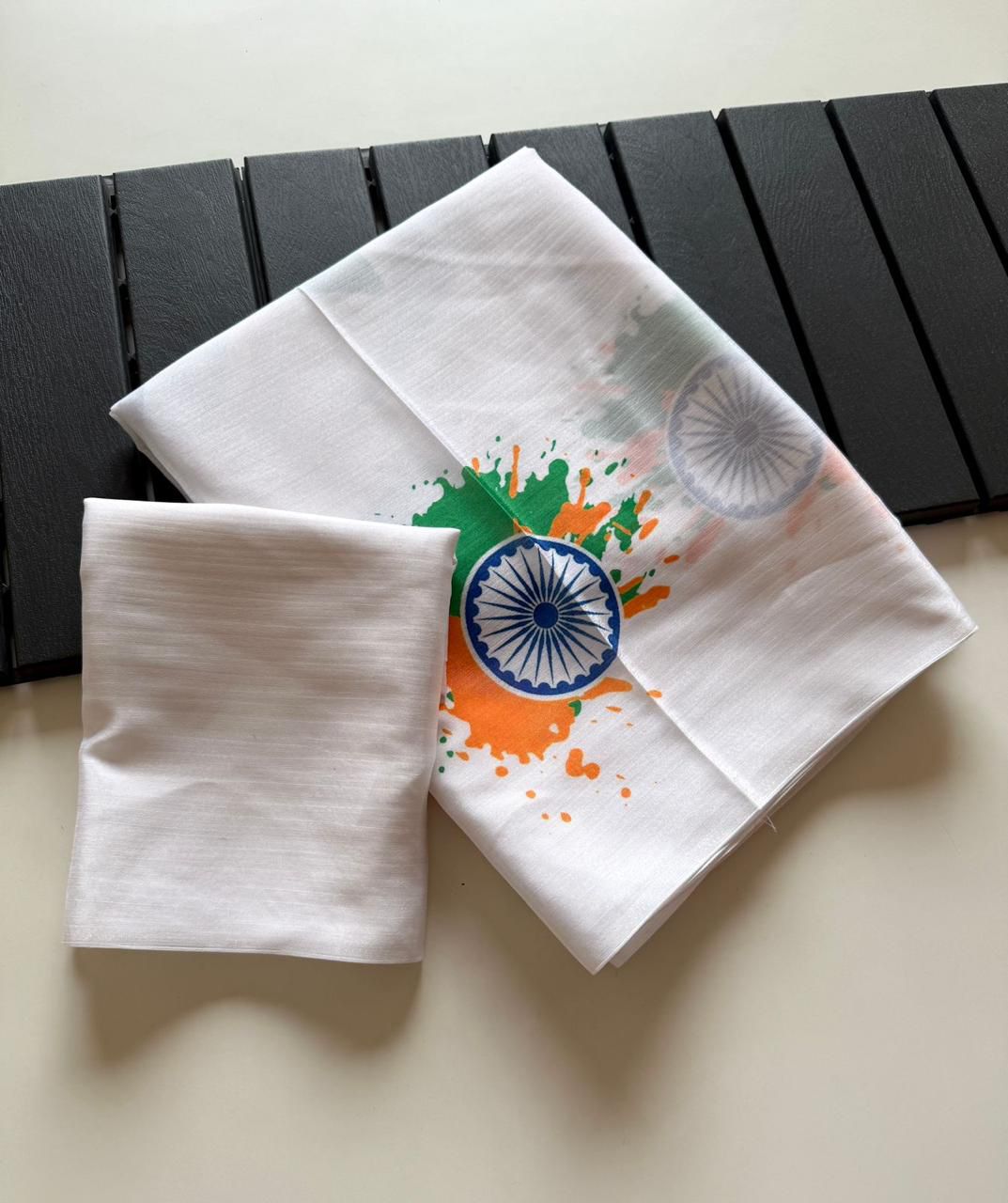 Soft Shinon Tiranga Print Saree With Running Blouse | Republic Day Special