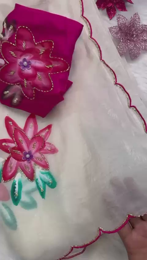 Crush Off-White Pure Fabric Saree With Hand Flower Prints & 3D Cutdana Work